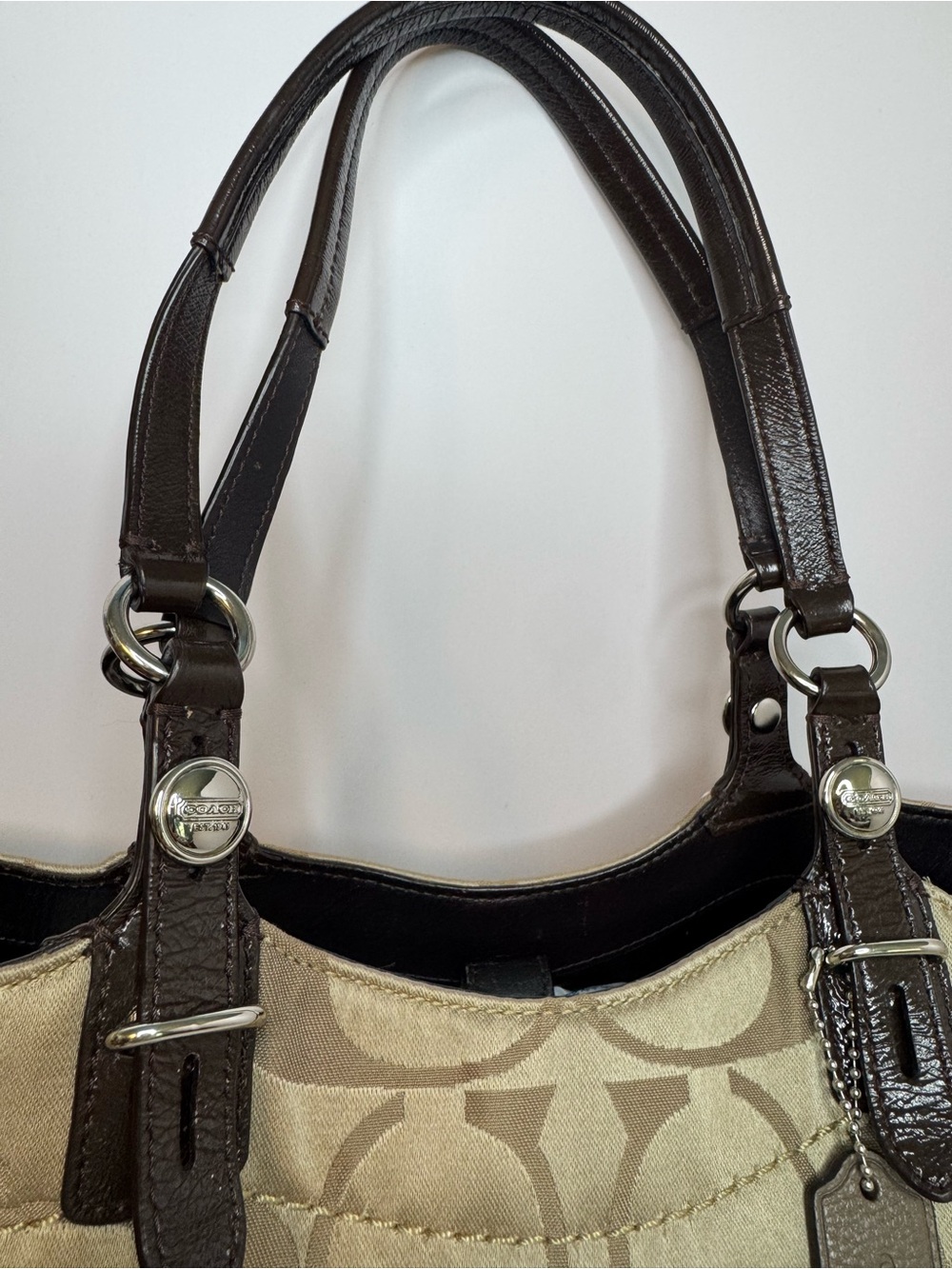 #342 Coach Signature Khaki Canvas Jacquard & Leather Tote Bag - Picture 3 of 16
